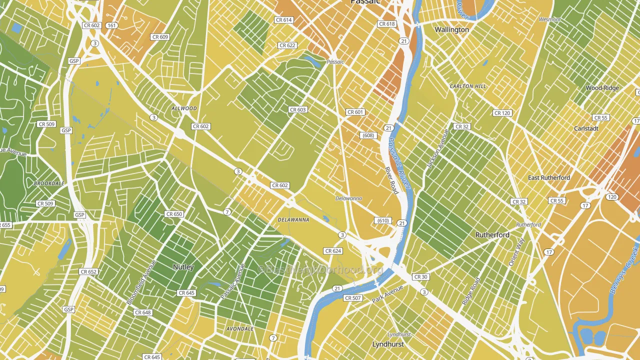Map of the best neighborhoods in the Delawanna, Clifton area, with better matches in green and worse matches in red