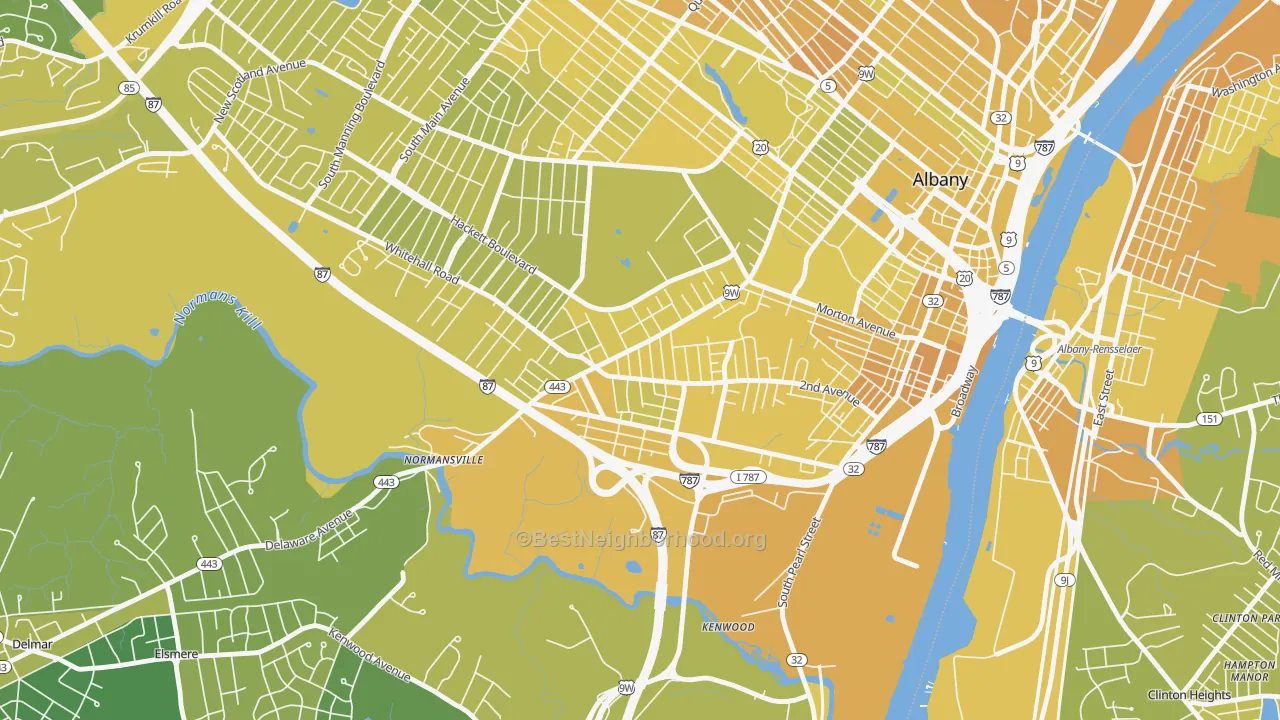 Map of the best neighborhoods in the Delaware Avenue, Albany area, with better matches in green and worse matches in red