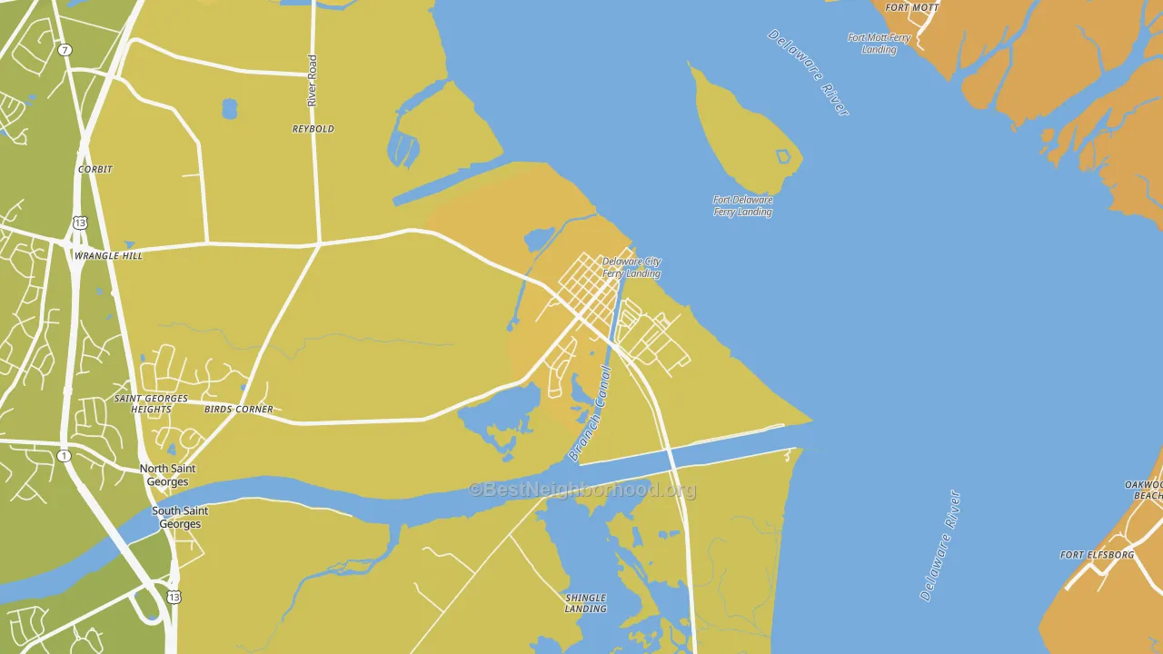 Map of the best neighborhoods in the Delaware City area, with better matches in green and worse matches in red