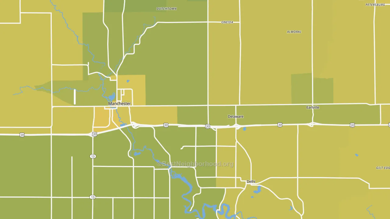 Map of the best neighborhoods in the Delaware County area, with better matches in green and worse matches in red