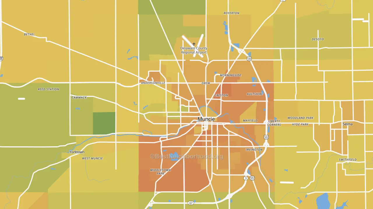 Map of the best neighborhoods in the Delaware County area, with better matches in green and worse matches in red