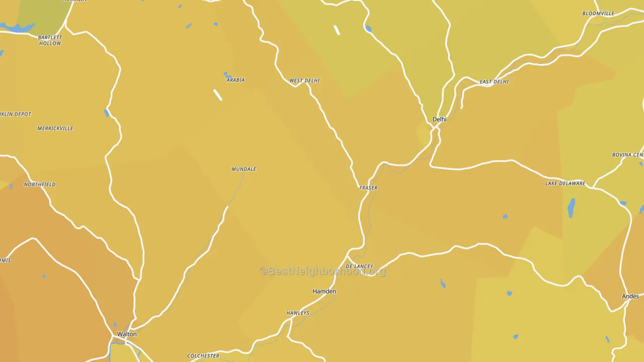 Map of the best neighborhoods in the Delaware County area, with better matches in green and worse matches in red