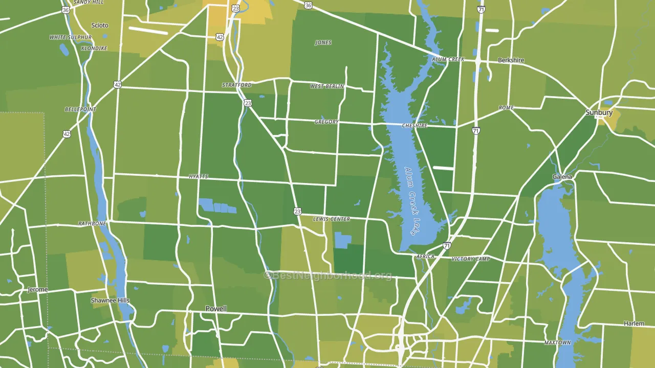 Map of the best neighborhoods in the Delaware County area, with better matches in green and worse matches in red