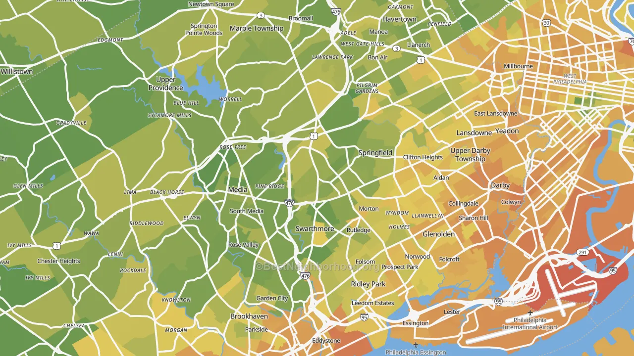 Map of the best neighborhoods in the Delaware County area, with better matches in green and worse matches in red