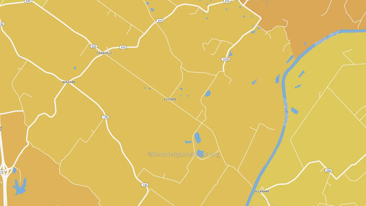 Map of the best neighborhoods in the Delaware area, with better matches in green and worse matches in red