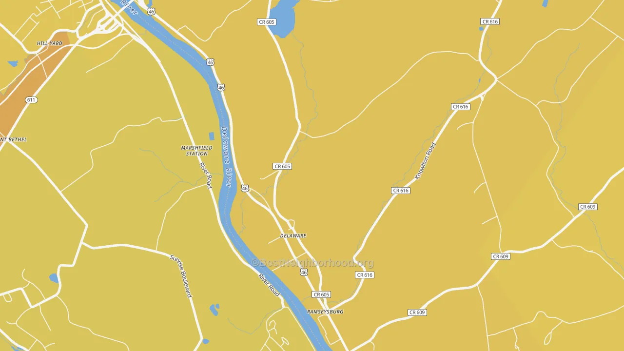 Map of the best neighborhoods in the Delaware area, with better matches in green and worse matches in red