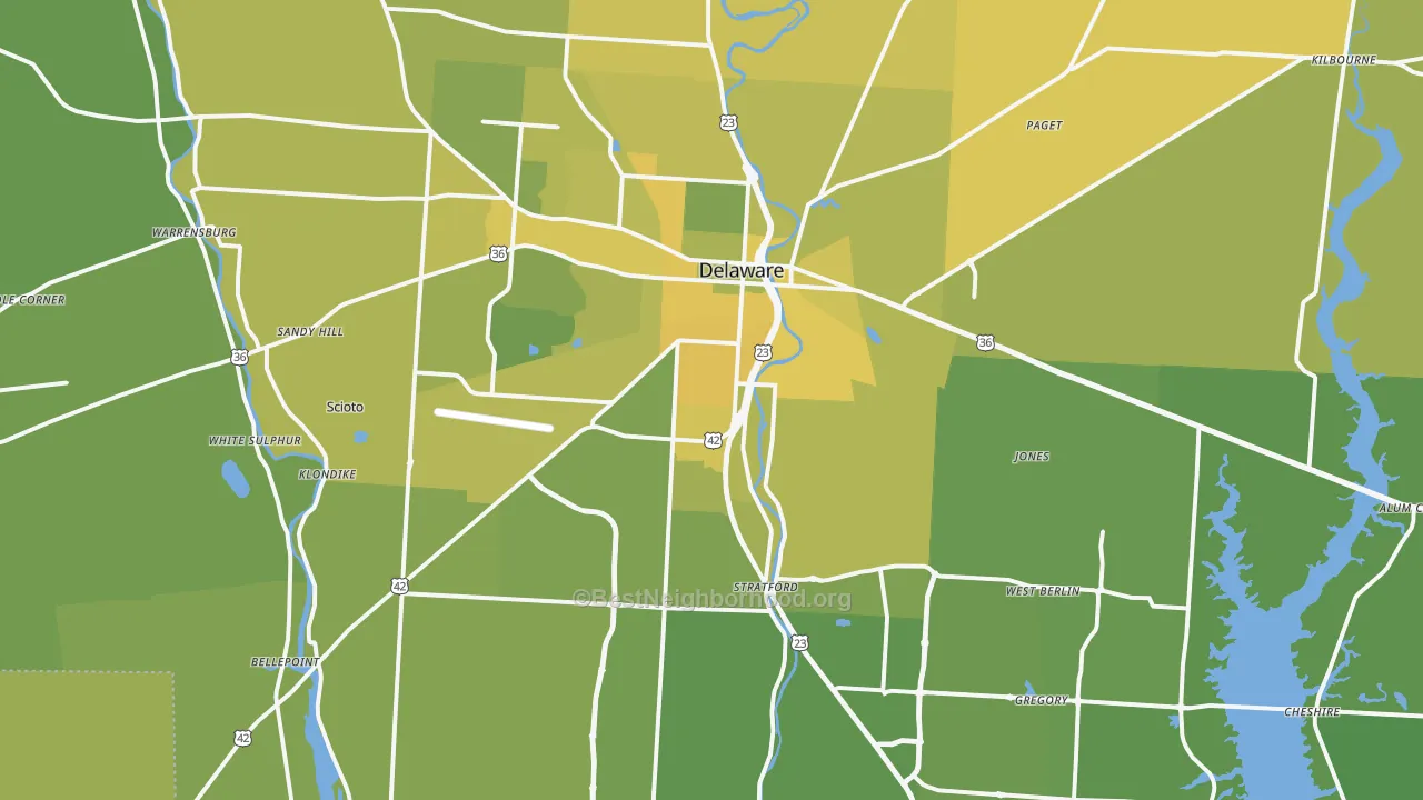 Map of the best neighborhoods in the Delaware area, with better matches in green and worse matches in red