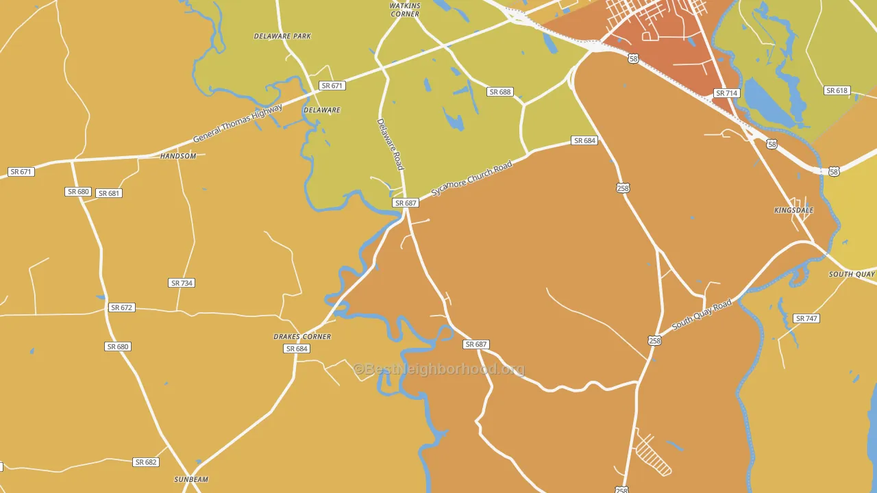 Map of the best neighborhoods in the Delaware area, with better matches in green and worse matches in red