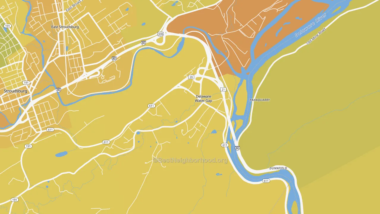 Map of the best neighborhoods in the Delaware Water Gap area, with better matches in green and worse matches in red