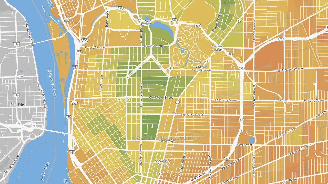 Map of the best neighborhoods in the Delaware-West Ferry, Buffalo area, with better matches in green and worse matches in red