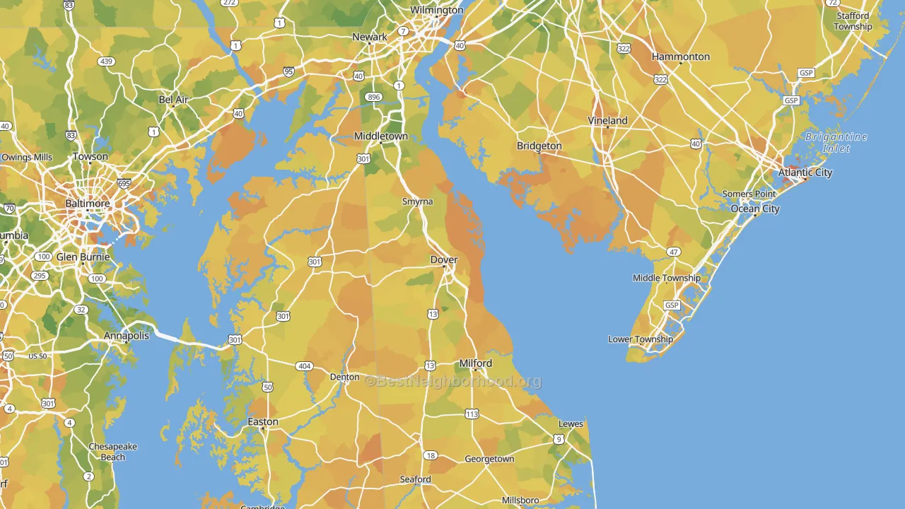 Map of the best neighborhoods in the Delaware area, with better matches in green and worse matches in red