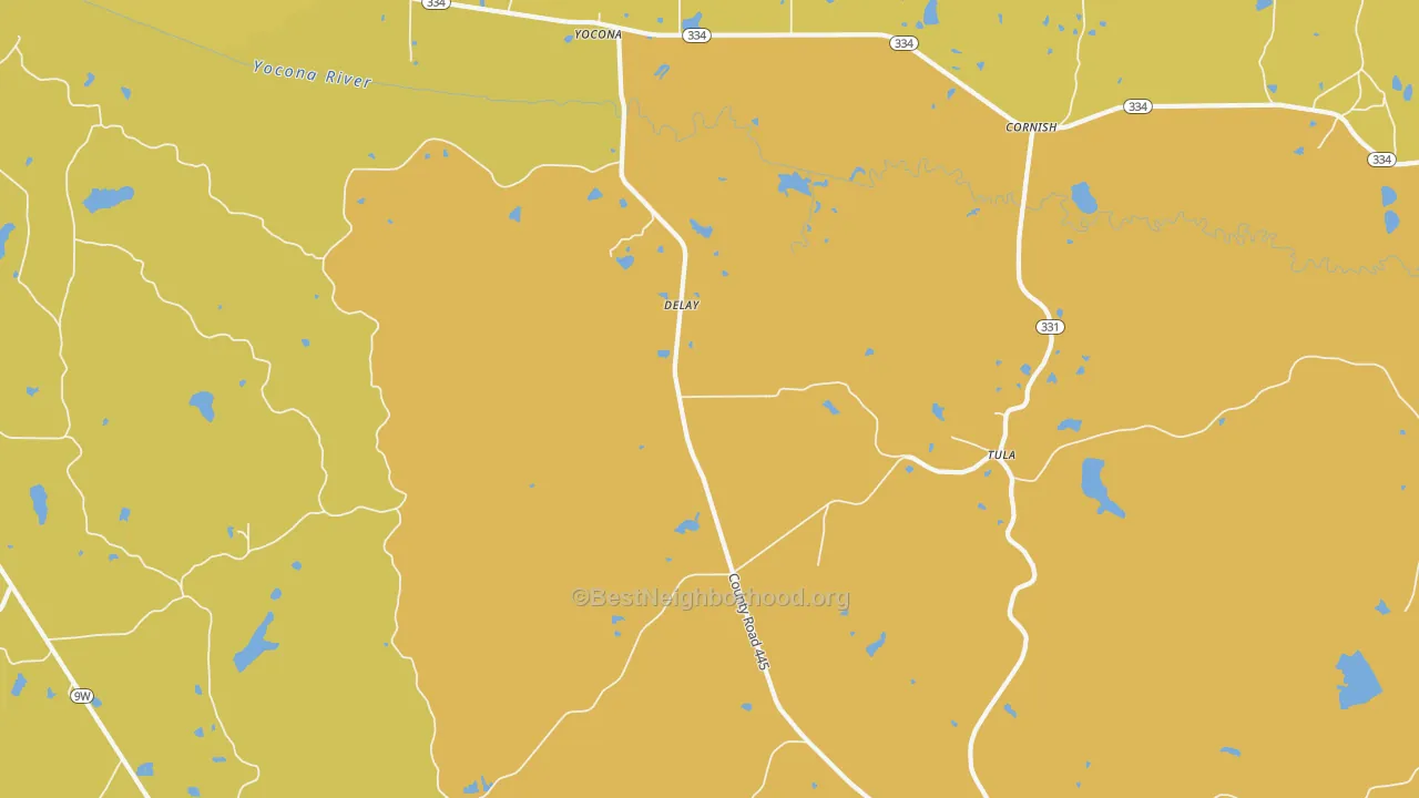 Map of the best neighborhoods in the DeLay area, with better matches in green and worse matches in red