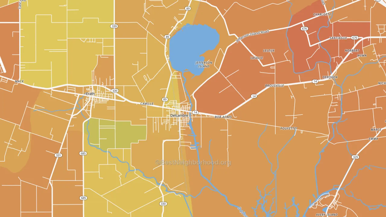 Map of the best neighborhoods in the Delcambre area, with better matches in green and worse matches in red