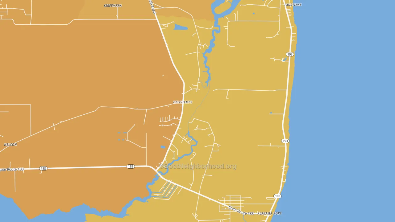 Map of the best neighborhoods in the Delchamps area, with better matches in green and worse matches in red