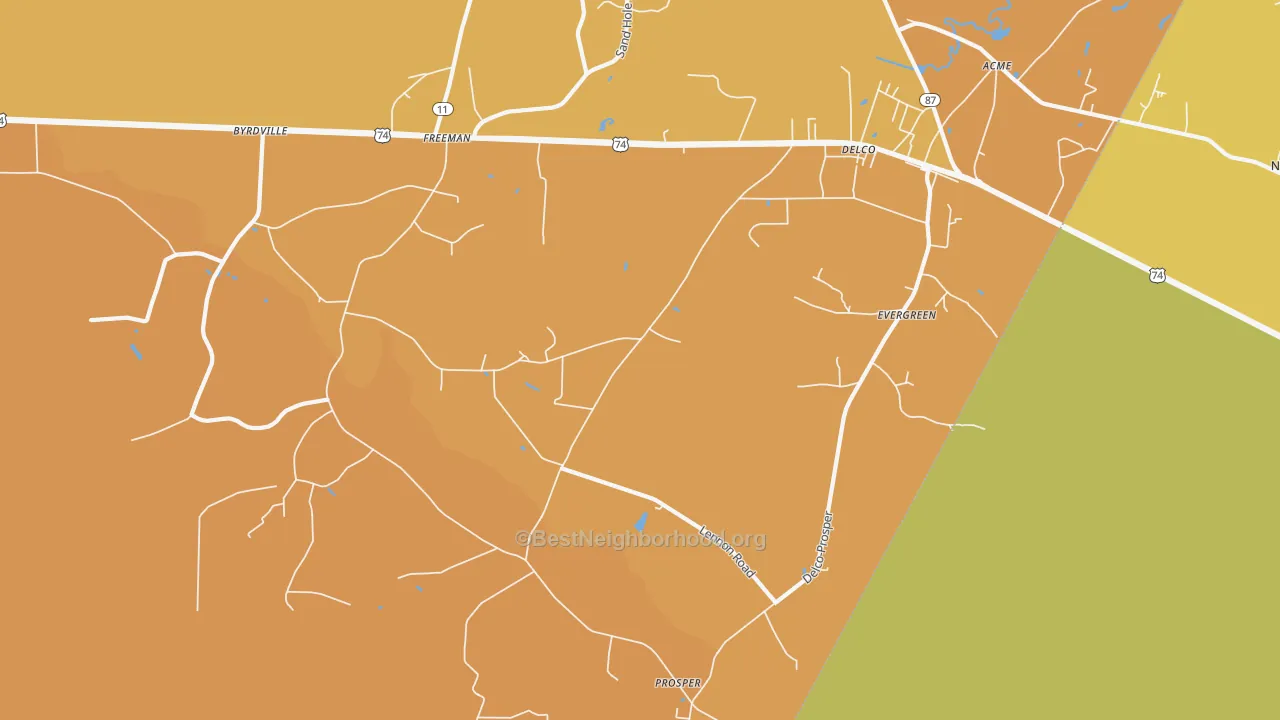Map of the best neighborhoods in the Delco area, with better matches in green and worse matches in red
