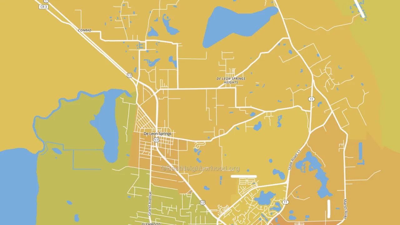 Map of the best neighborhoods in the DeLeon Springs area, with better matches in green and worse matches in red