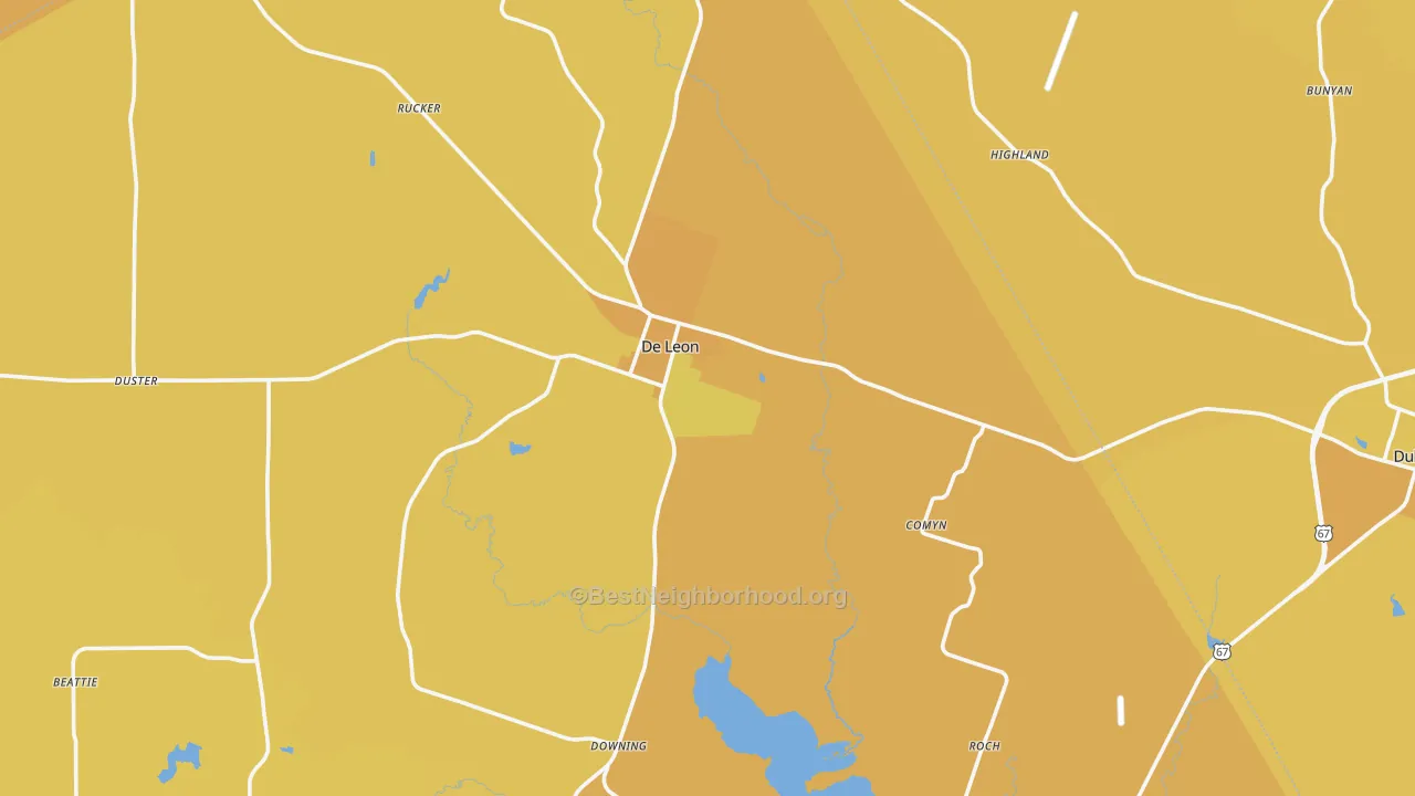 Map of the best neighborhoods in the DeLeon area, with better matches in green and worse matches in red