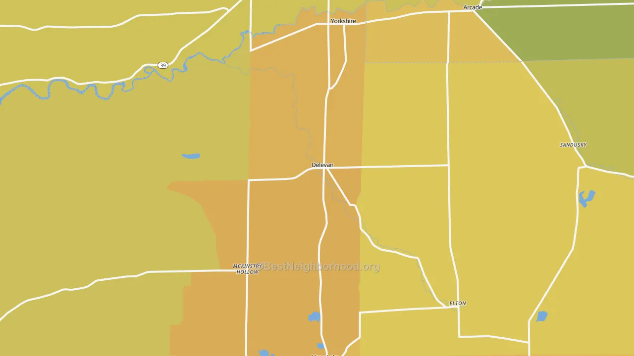 Map of the best neighborhoods in the DeLevan area, with better matches in green and worse matches in red