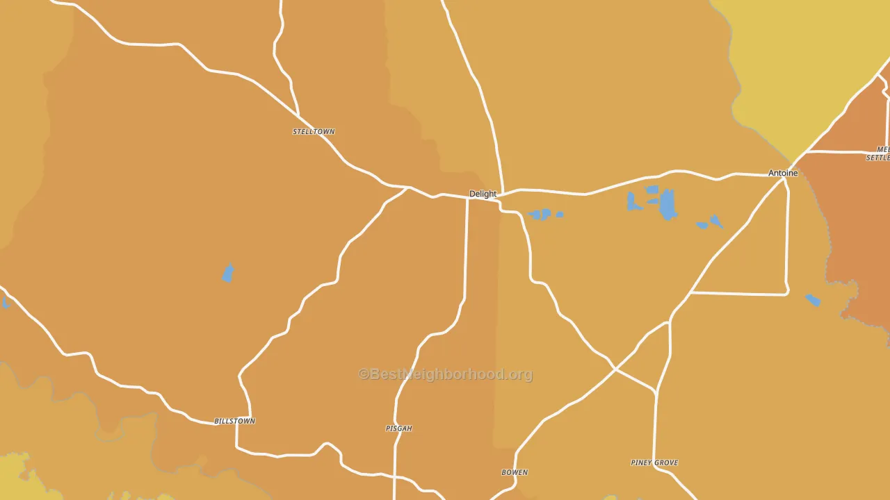 Map of the best neighborhoods in the Delight area, with better matches in green and worse matches in red