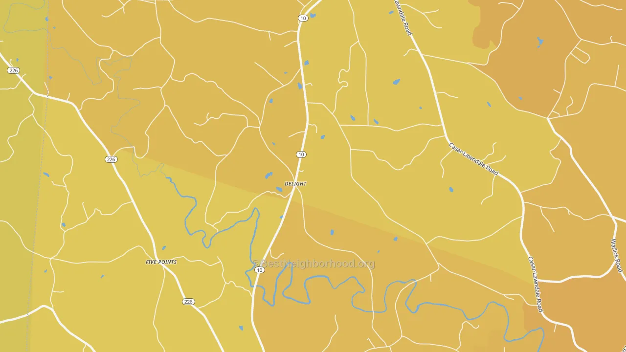 Map of the best neighborhoods in the Delight area, with better matches in green and worse matches in red