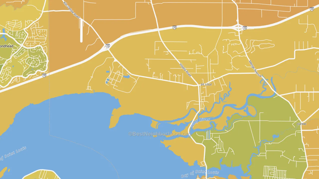 Map of the best neighborhoods in the DeLisle area, with better matches in green and worse matches in red