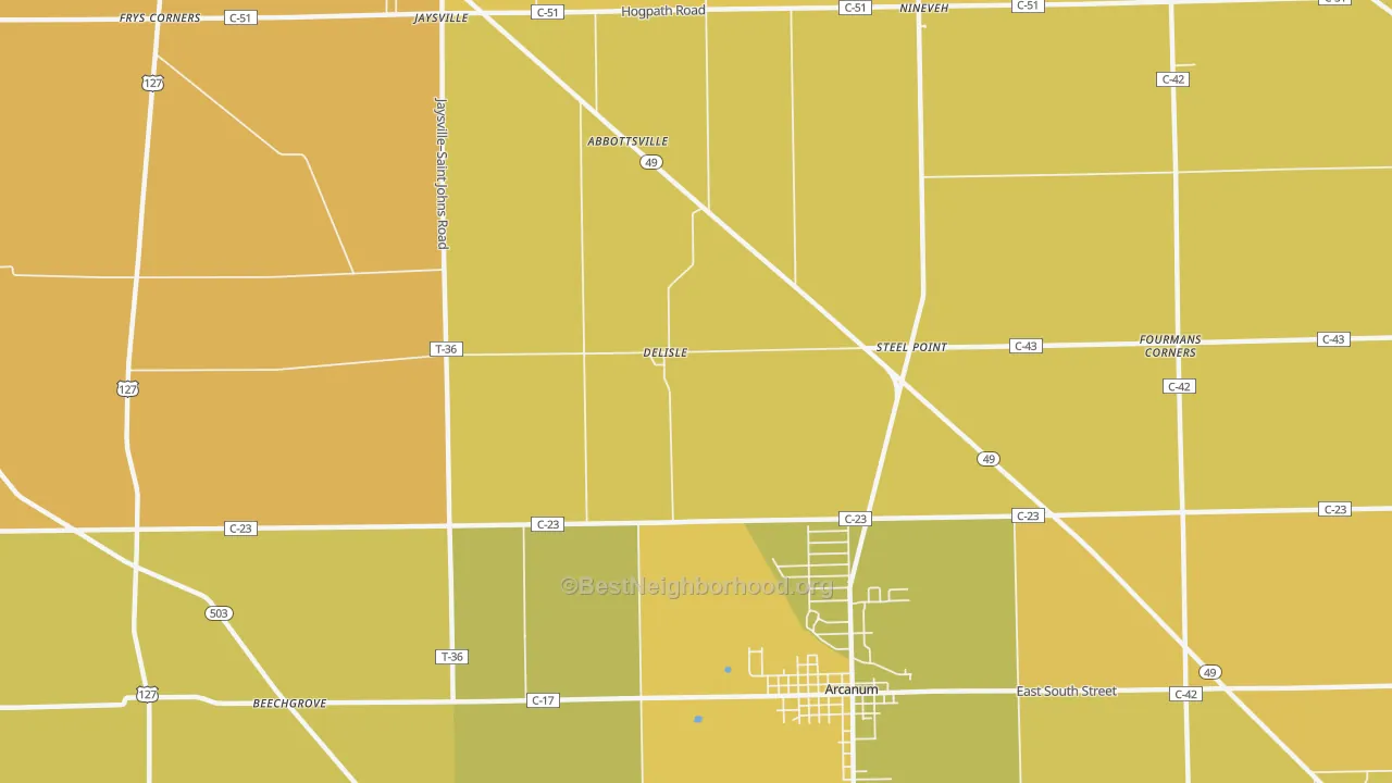 Map of the best neighborhoods in the Delisle area, with better matches in green and worse matches in red