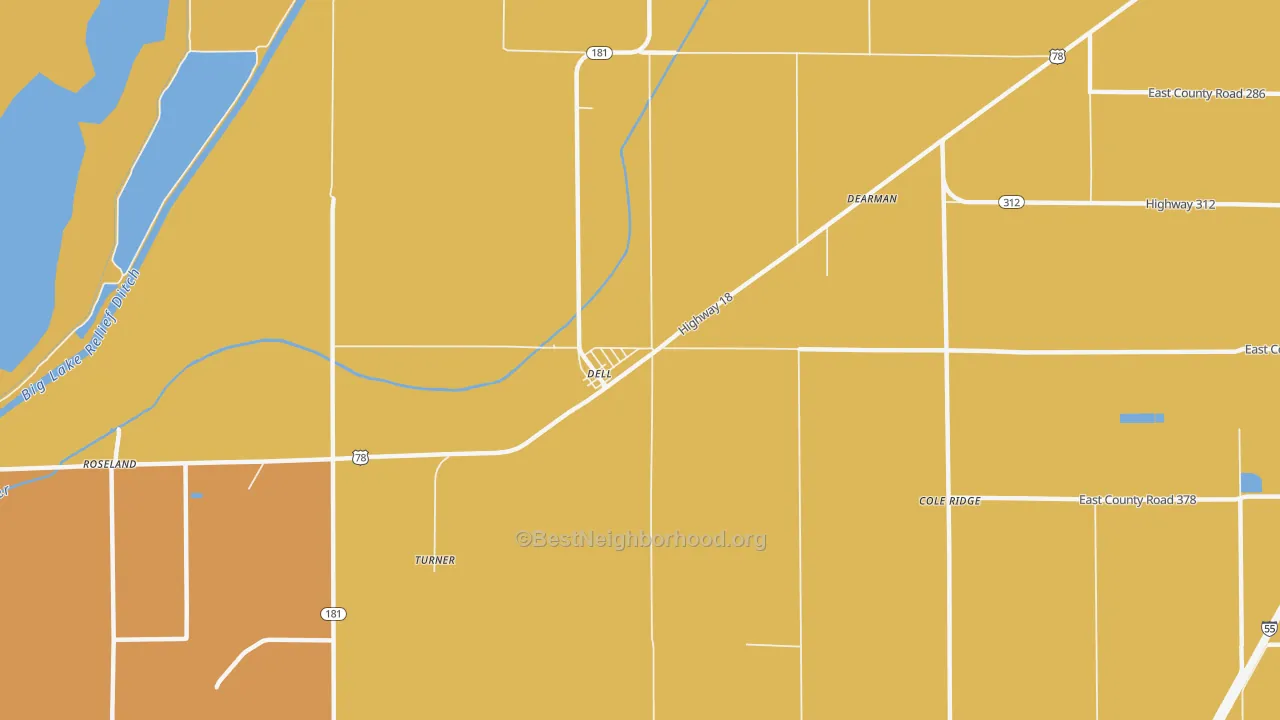 Map of the best neighborhoods in the Dell area, with better matches in green and worse matches in red