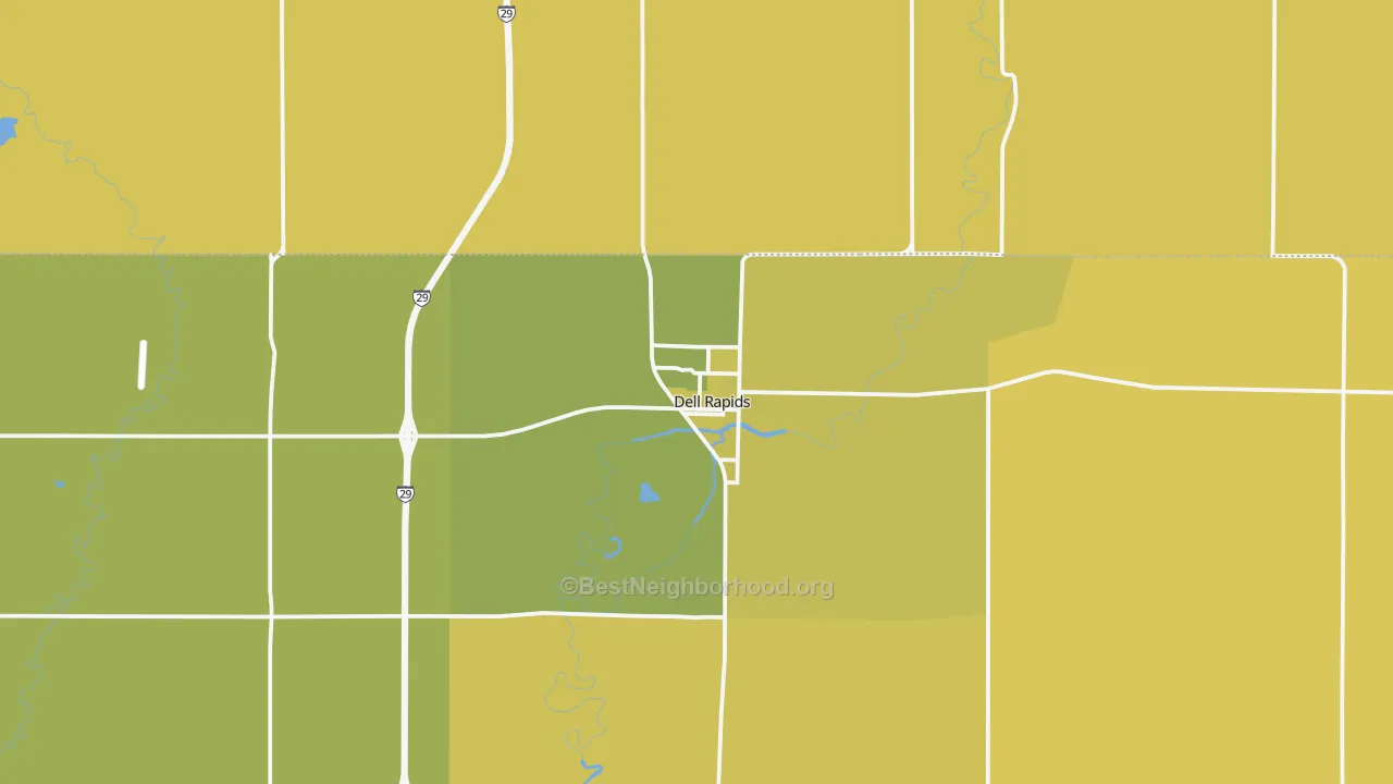 Map of the best neighborhoods in the Dell Rapids area, with better matches in green and worse matches in red