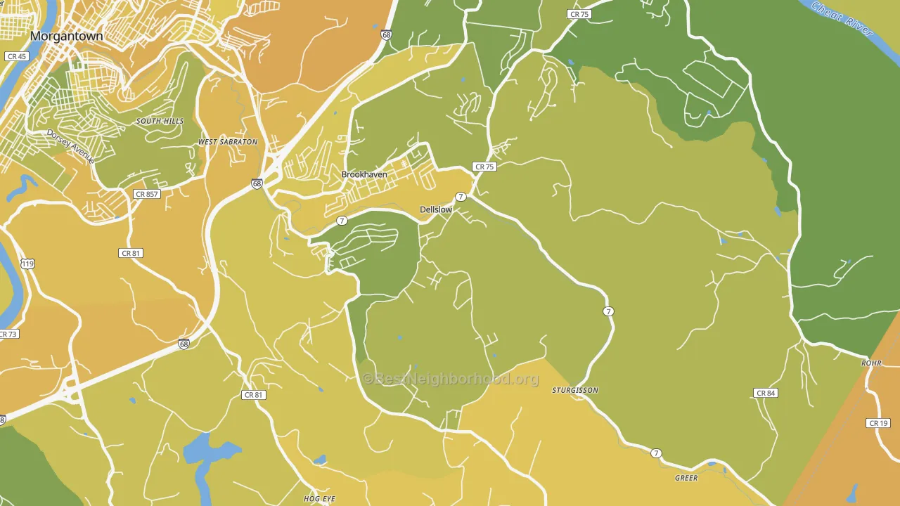 Map of the best neighborhoods in the Dellslow area, with better matches in green and worse matches in red