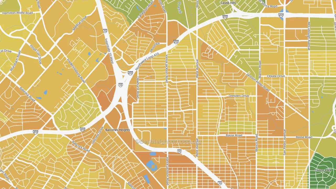 Map of the best neighborhoods in the Dellview Area, San Antonio area, with better matches in green and worse matches in red