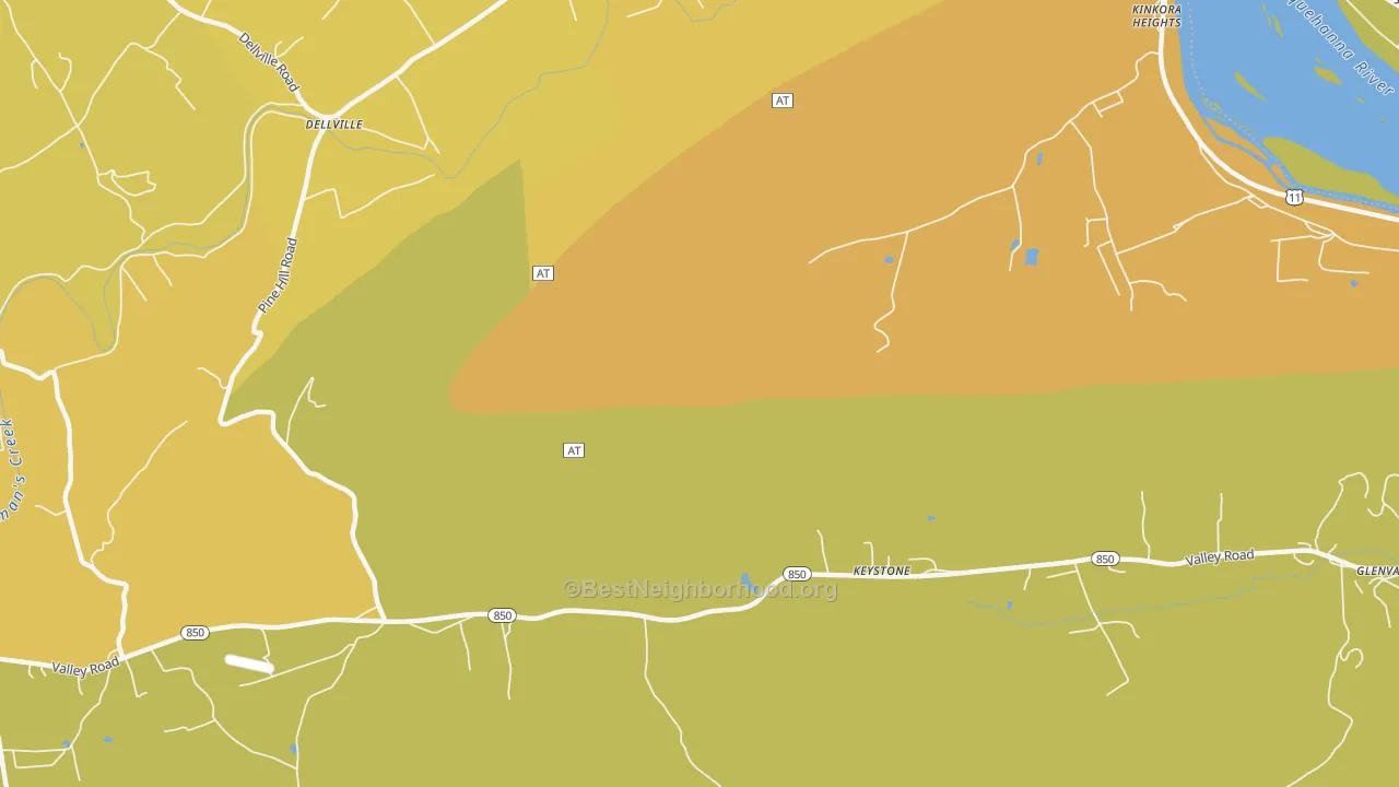 Map of the best neighborhoods in the Dellville area, with better matches in green and worse matches in red