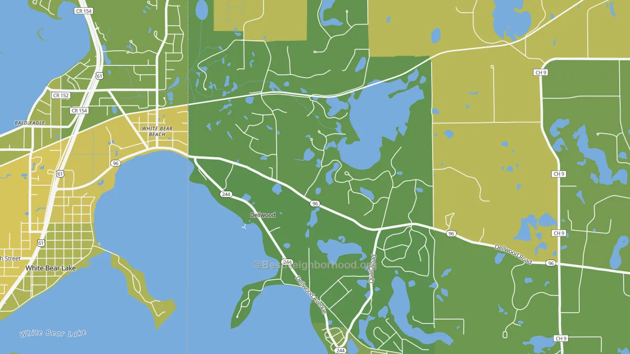 Map of the best neighborhoods in the Dellwood area, with better matches in green and worse matches in red