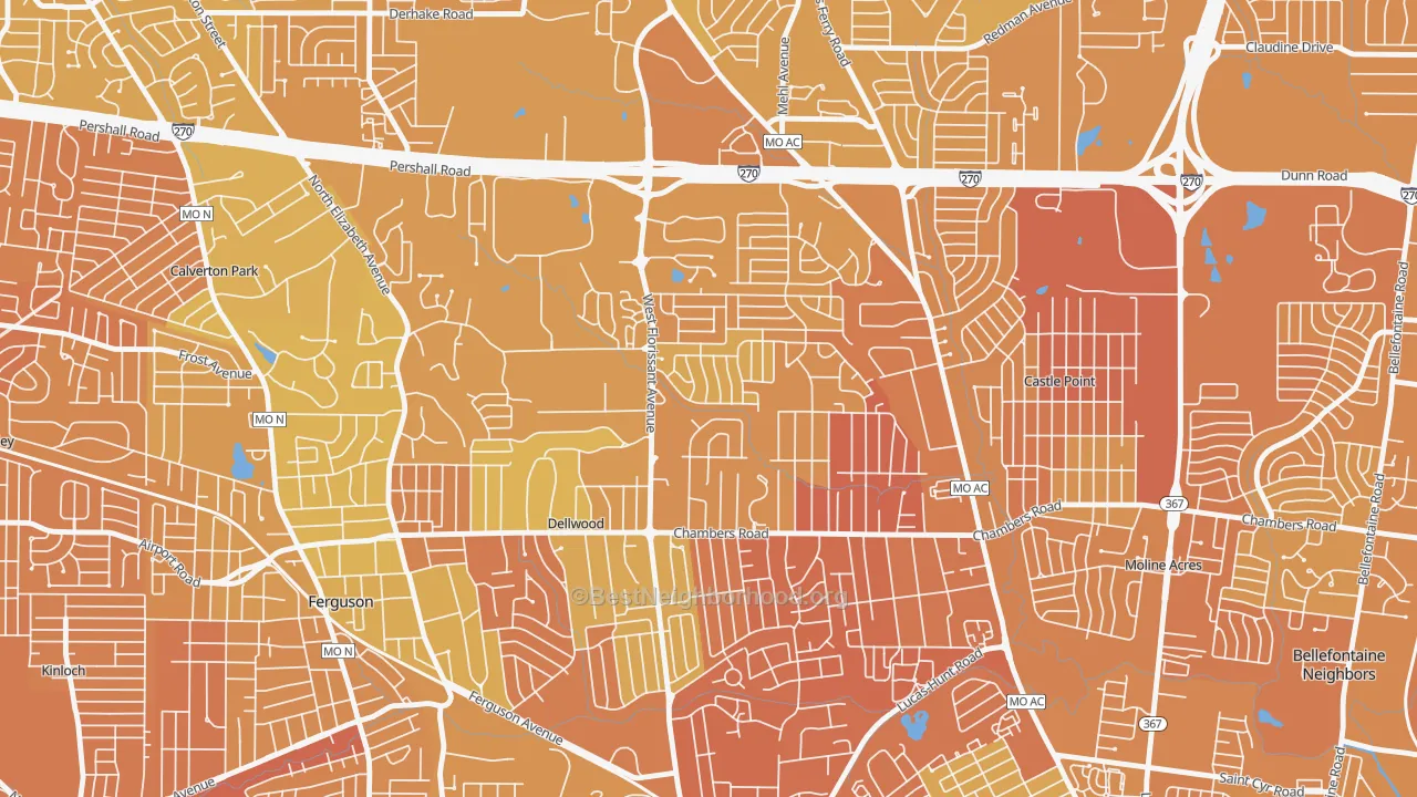 Map of the best neighborhoods in the Dellwood area, with better matches in green and worse matches in red