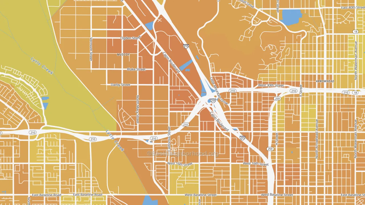 Map of the best neighborhoods in the Delman, San Bernardino area, with better matches in green and worse matches in red