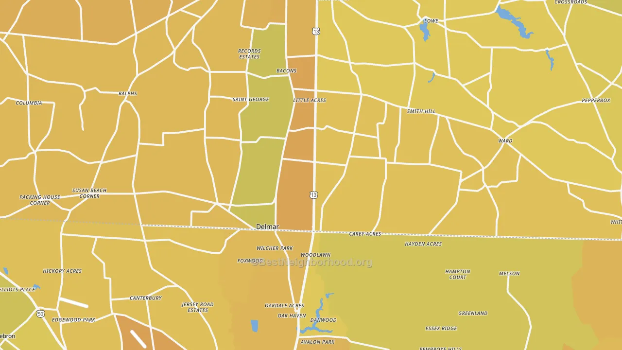 Map of the best neighborhoods in the Delmar area, with better matches in green and worse matches in red