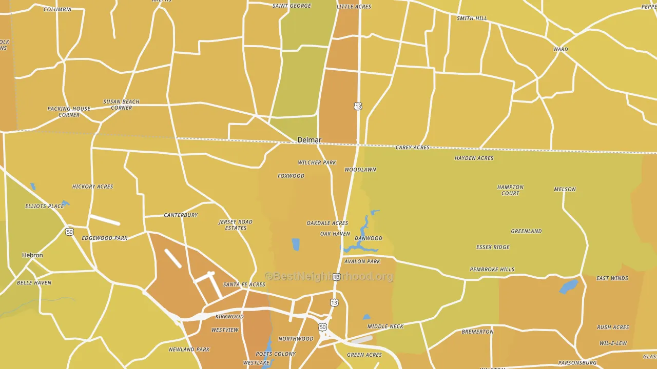 Map of the best neighborhoods in the Delmar area, with better matches in green and worse matches in red