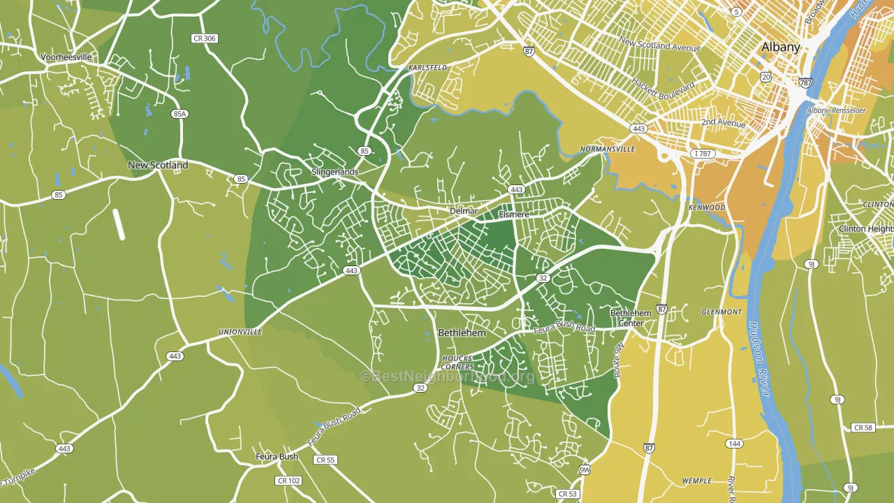 Map of the best neighborhoods in the Delmar area, with better matches in green and worse matches in red