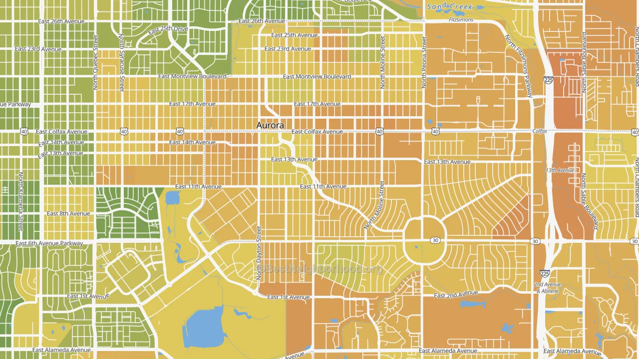 Map of the best neighborhoods in the Delmar Parkway, Aurora area, with better matches in green and worse matches in red
