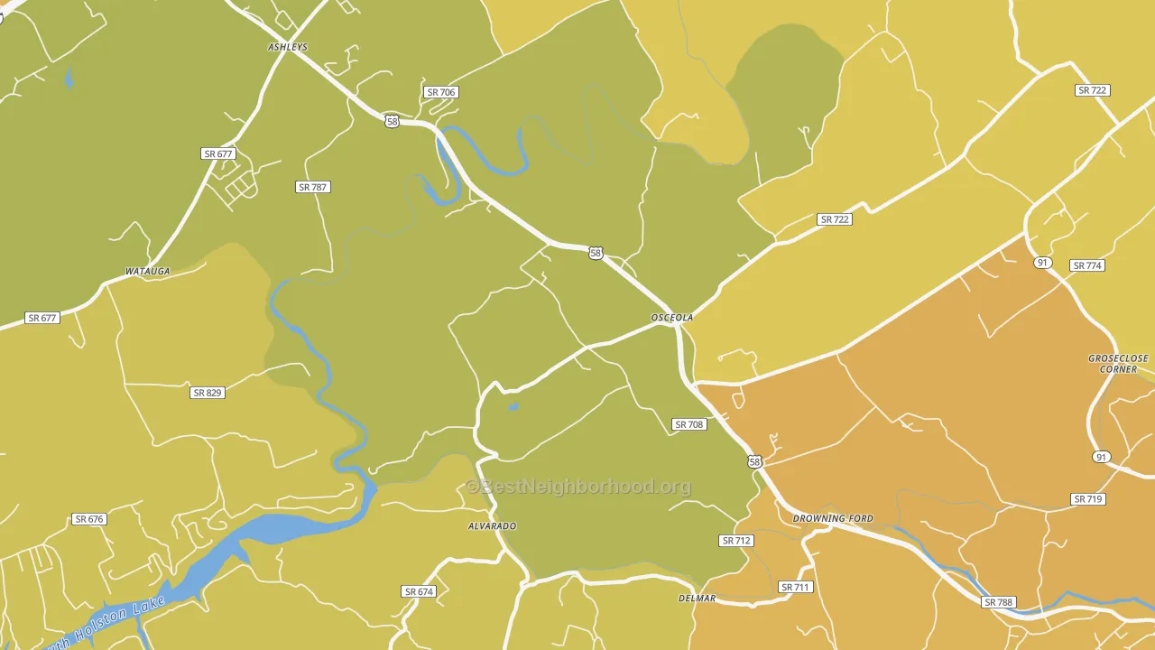 Map of the best neighborhoods in the Delmar area, with better matches in green and worse matches in red