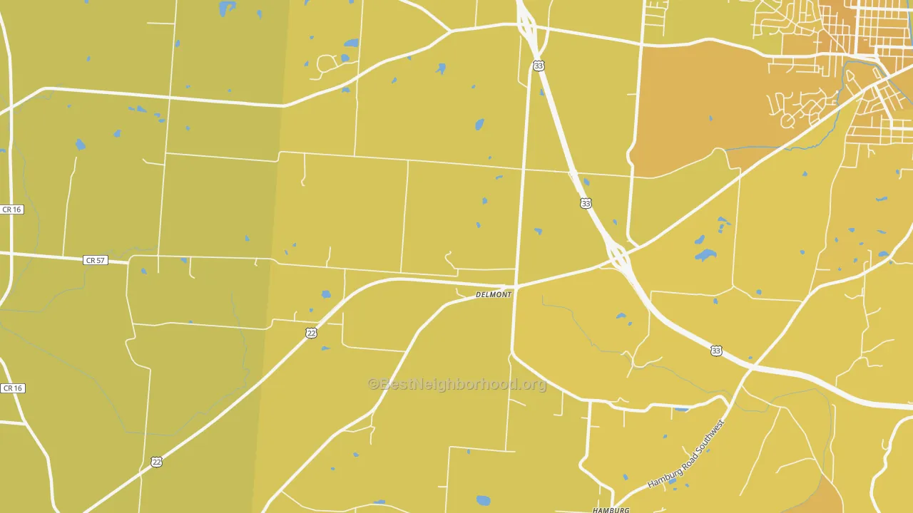 Map of the best neighborhoods in the Delmont area, with better matches in green and worse matches in red
