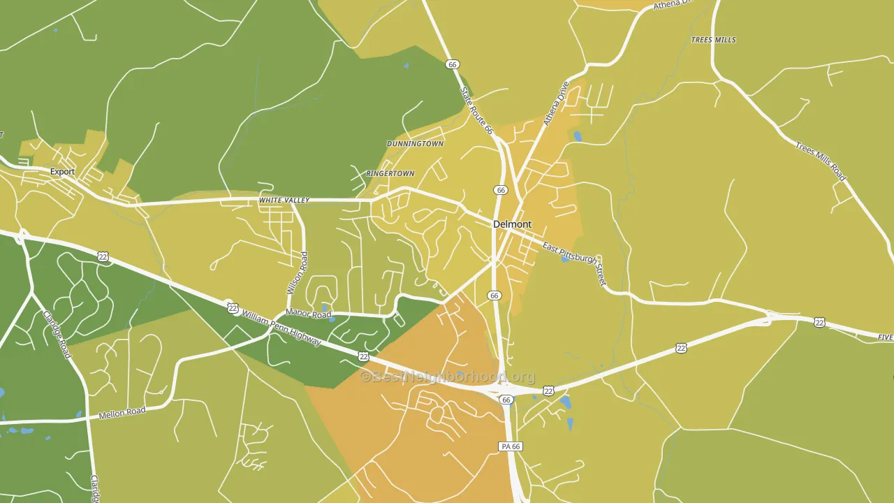Map of the best neighborhoods in the Delmont area, with better matches in green and worse matches in red