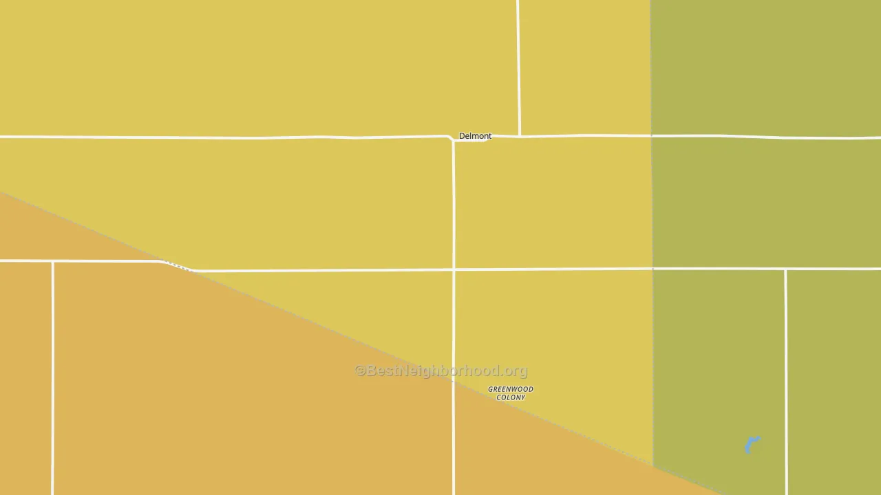 Map of the best neighborhoods in the Delmont area, with better matches in green and worse matches in red