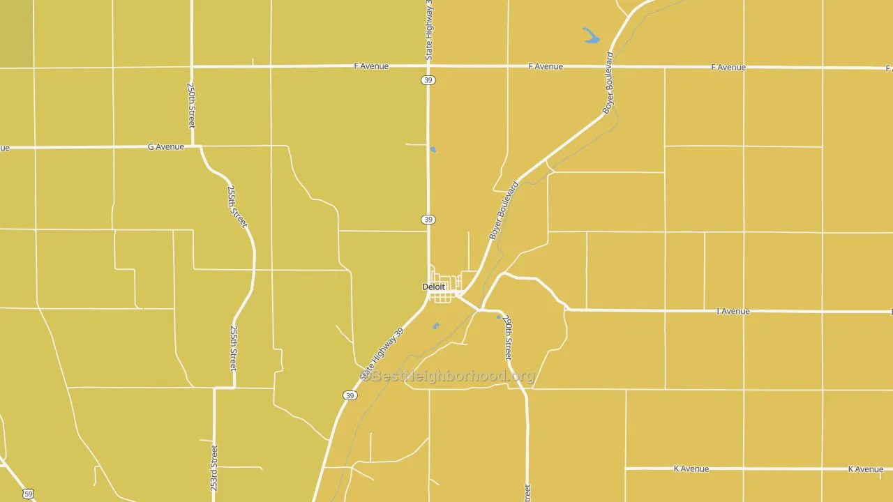 Map of the best neighborhoods in the Deloit area, with better matches in green and worse matches in red