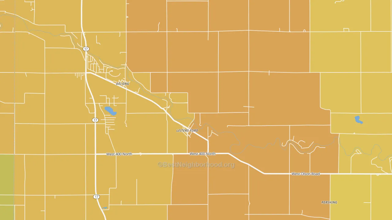 Map of the best neighborhoods in the Delong area, with better matches in green and worse matches in red