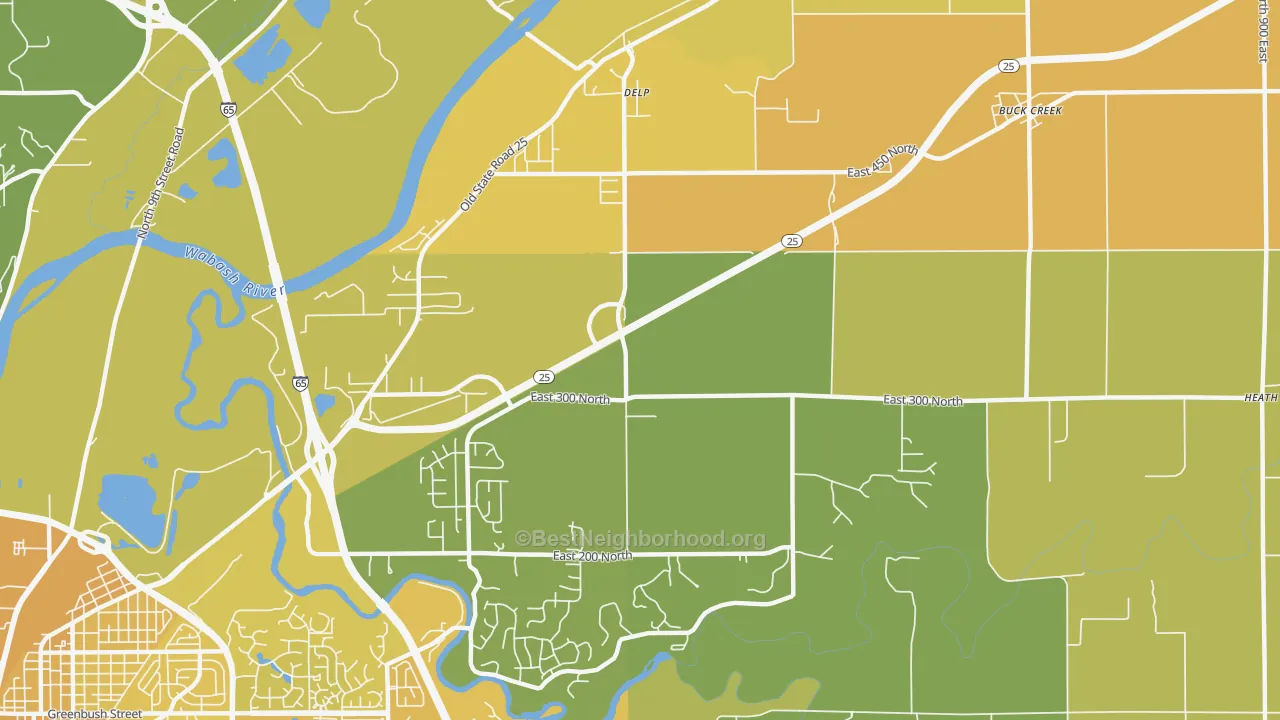 Map of the best neighborhoods in the Delp area, with better matches in green and worse matches in red