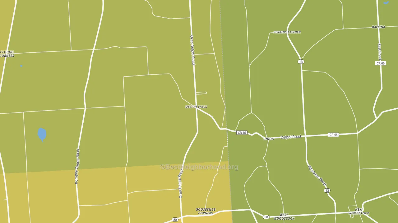 Map of the best neighborhoods in the Delphi Falls area, with better matches in green and worse matches in red