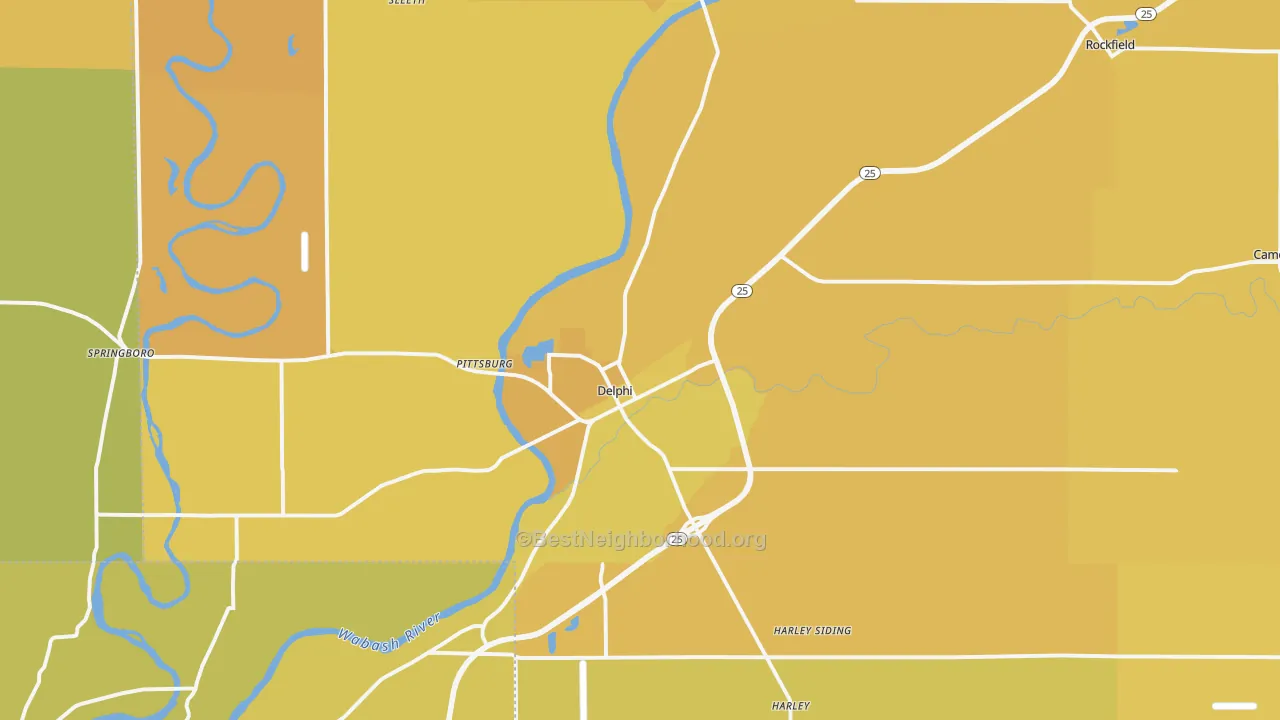 Map of the best neighborhoods in the Delphi area, with better matches in green and worse matches in red