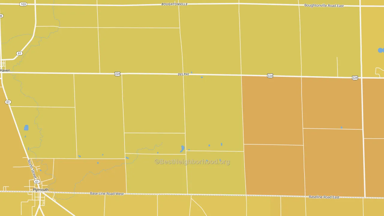 Map of the best neighborhoods in the Delphi area, with better matches in green and worse matches in red