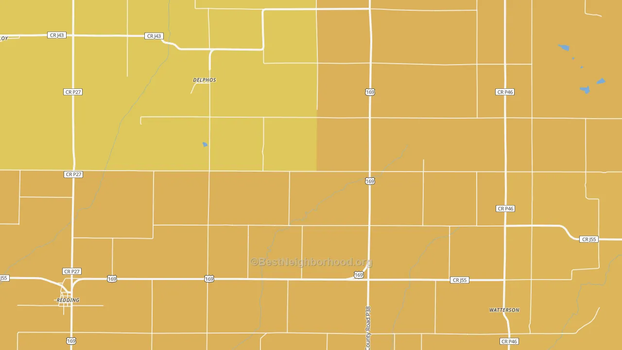 Map of the best neighborhoods in the Delphos area, with better matches in green and worse matches in red