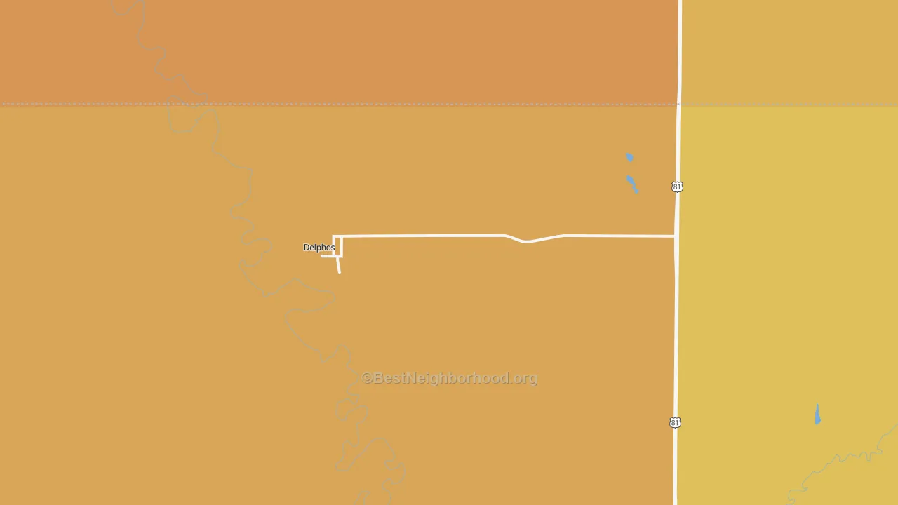 Map of the best neighborhoods in the Delphos area, with better matches in green and worse matches in red